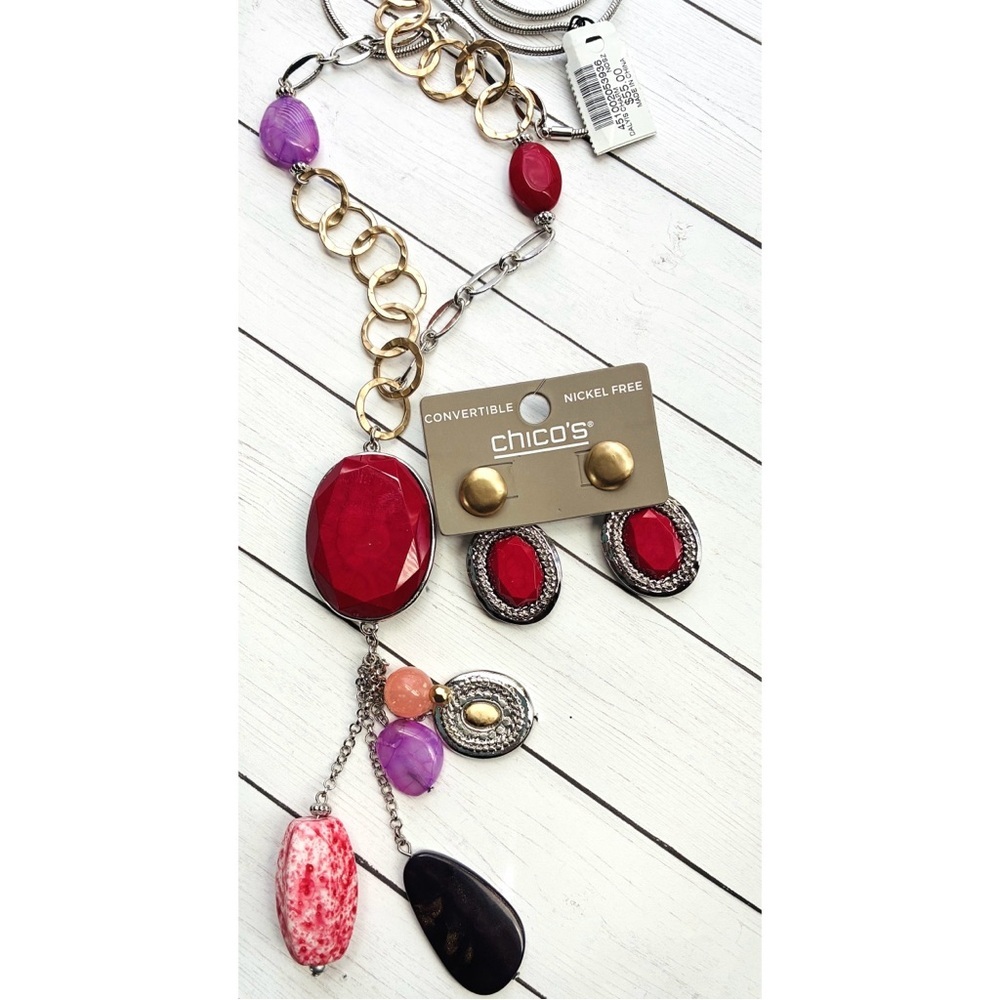NEW NWT Chico’s Reversible Red Purple Stone Charm Necklace Earring Set $74.95